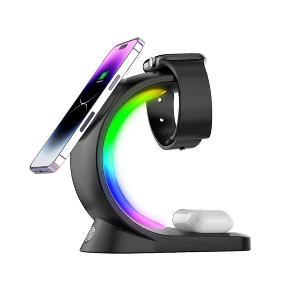 RGB Light Magnetic Wireless Charging Stand 3-in-1 Phone Watch Earphones 15W - T17 - Black-1